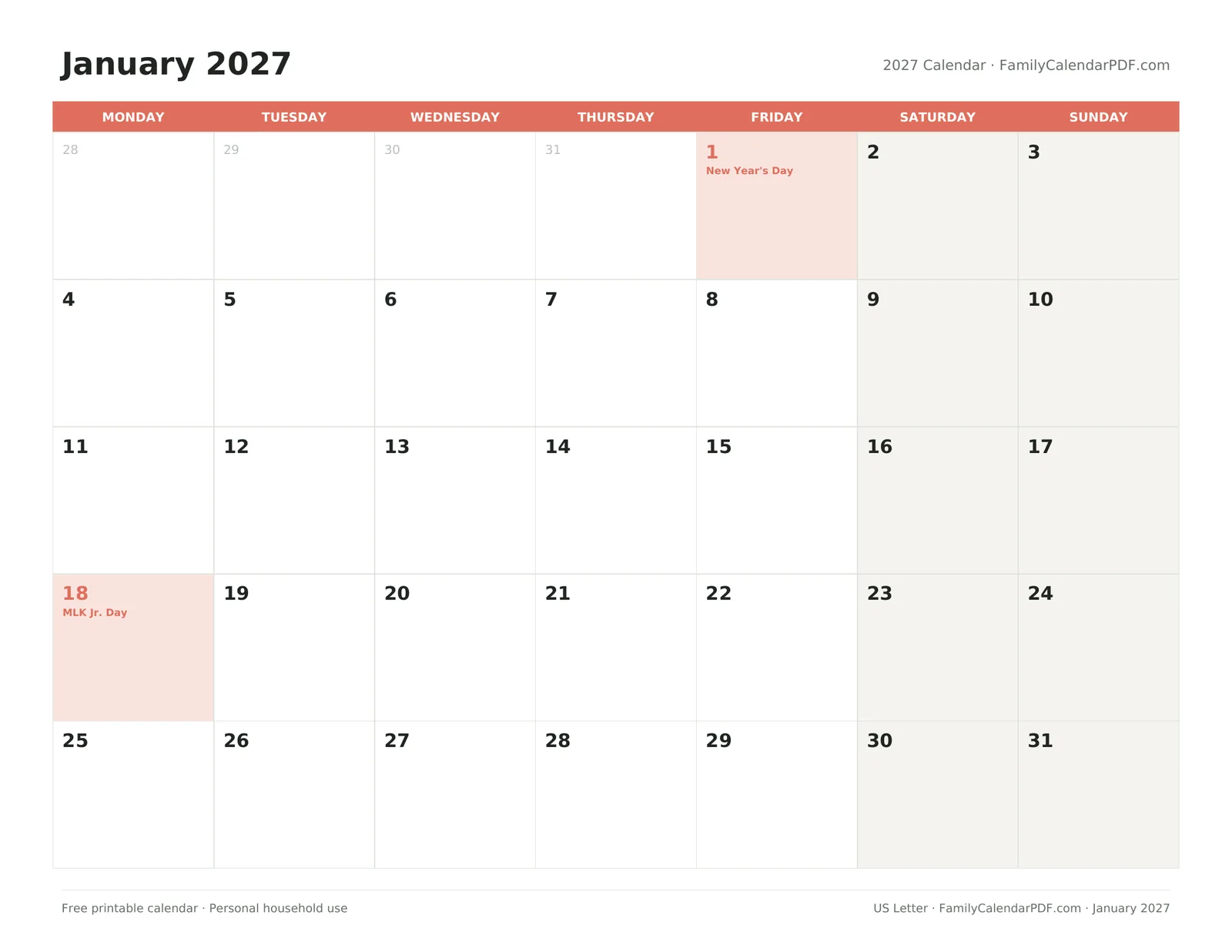 Preview: 2027 Calendar – weeks start Monday