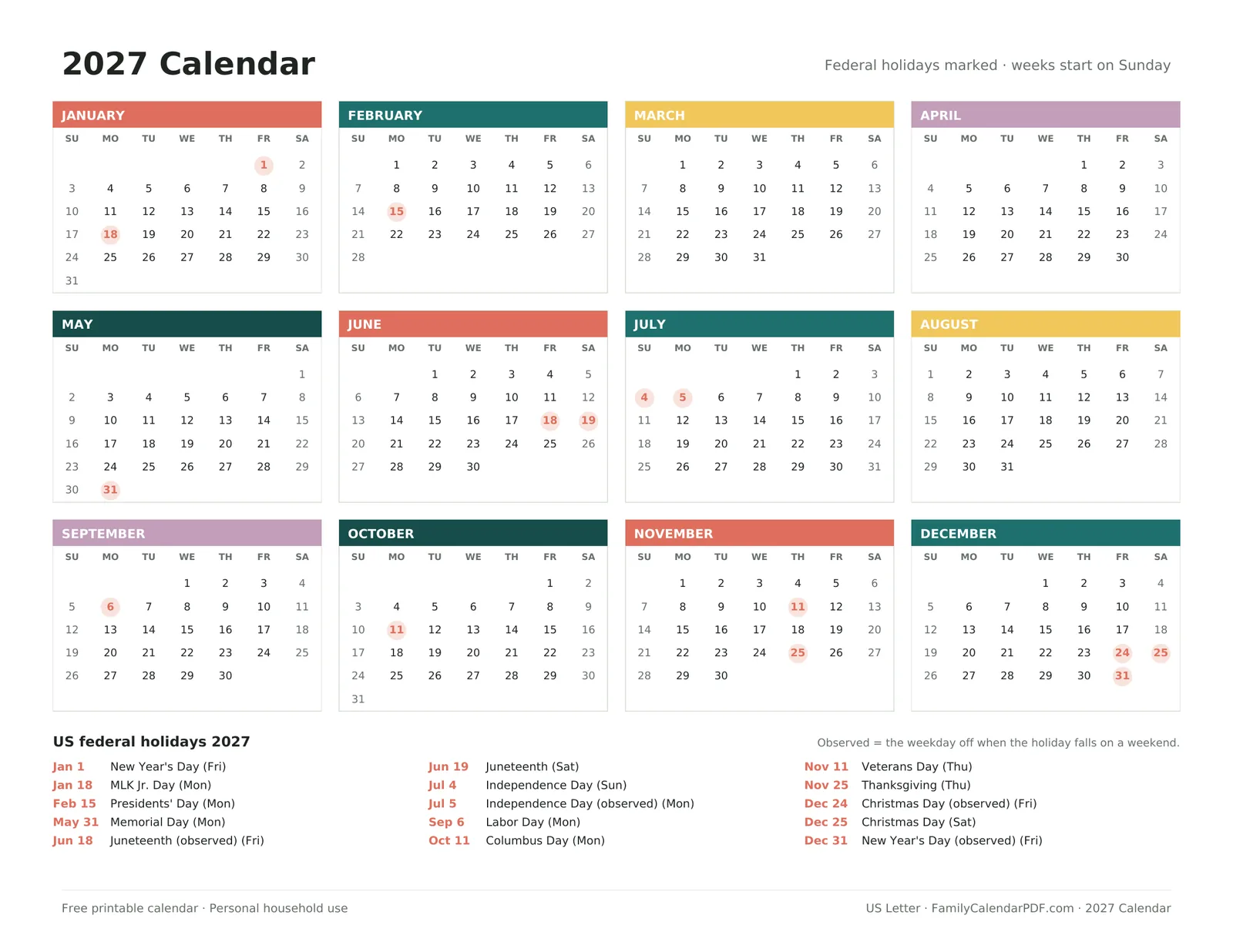 Preview of the printable 2027 calendar with all twelve months and federal holidays