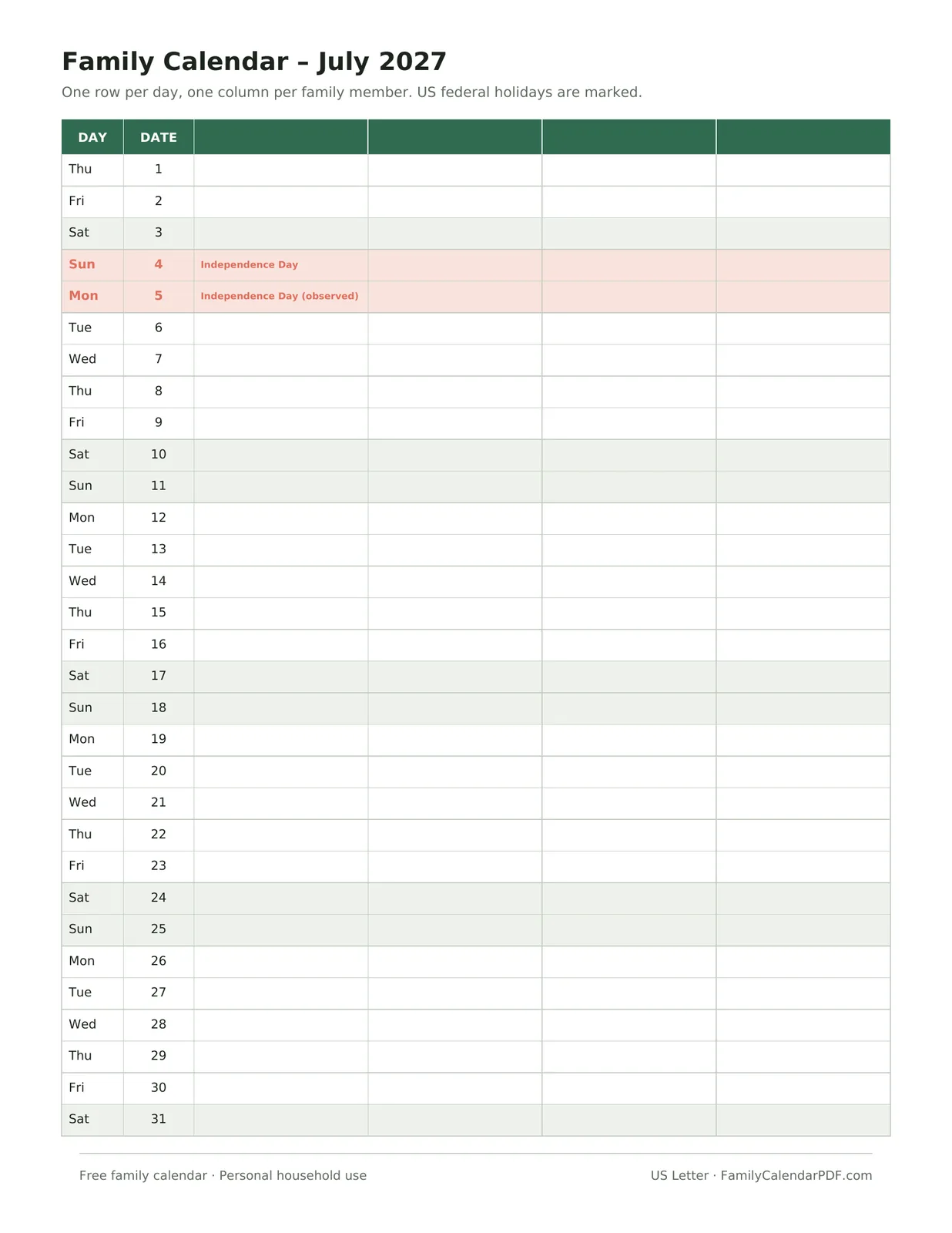 Preview of the 2027 family calendar, July page with Independence Day