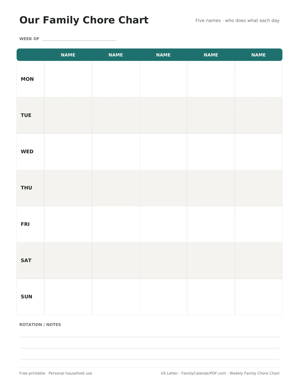 Preview: Weekly family chore chart