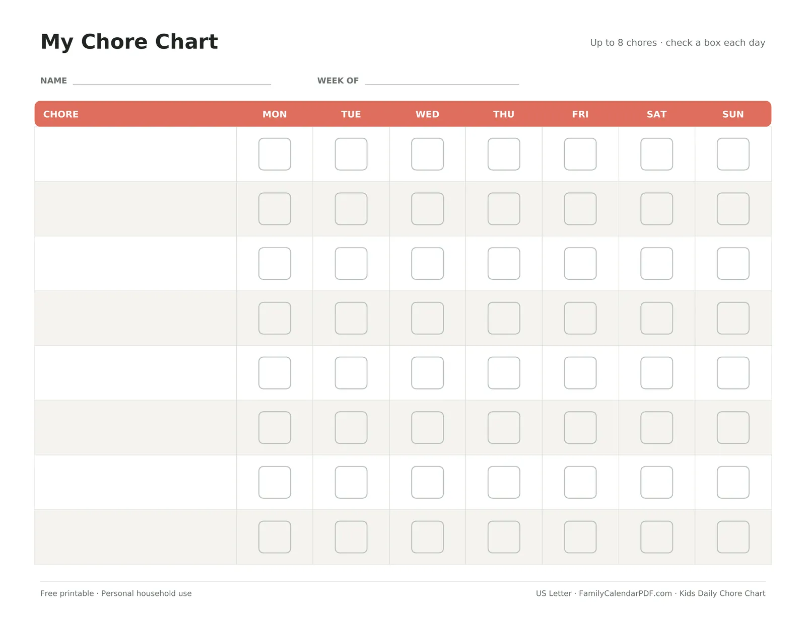 Preview of the printable kids chore chart with eight chore rows and a box for each day