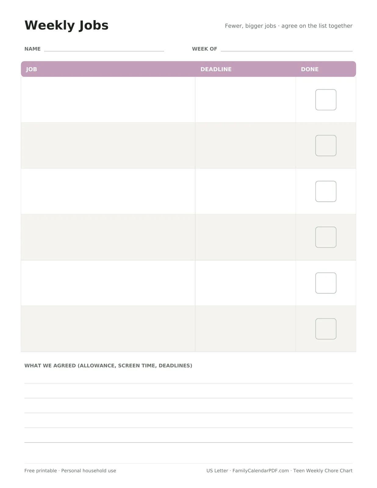Preview: Teen weekly chore chart