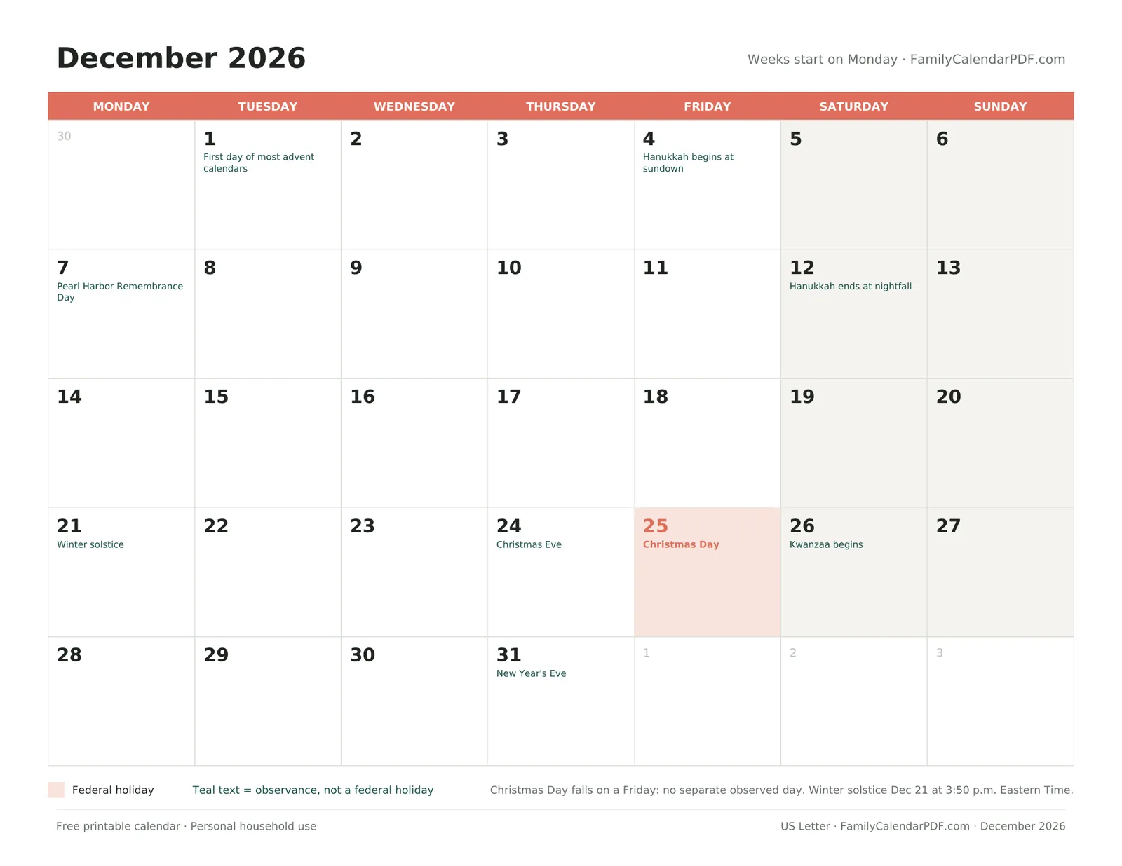 Preview: December 2026 – Monday start