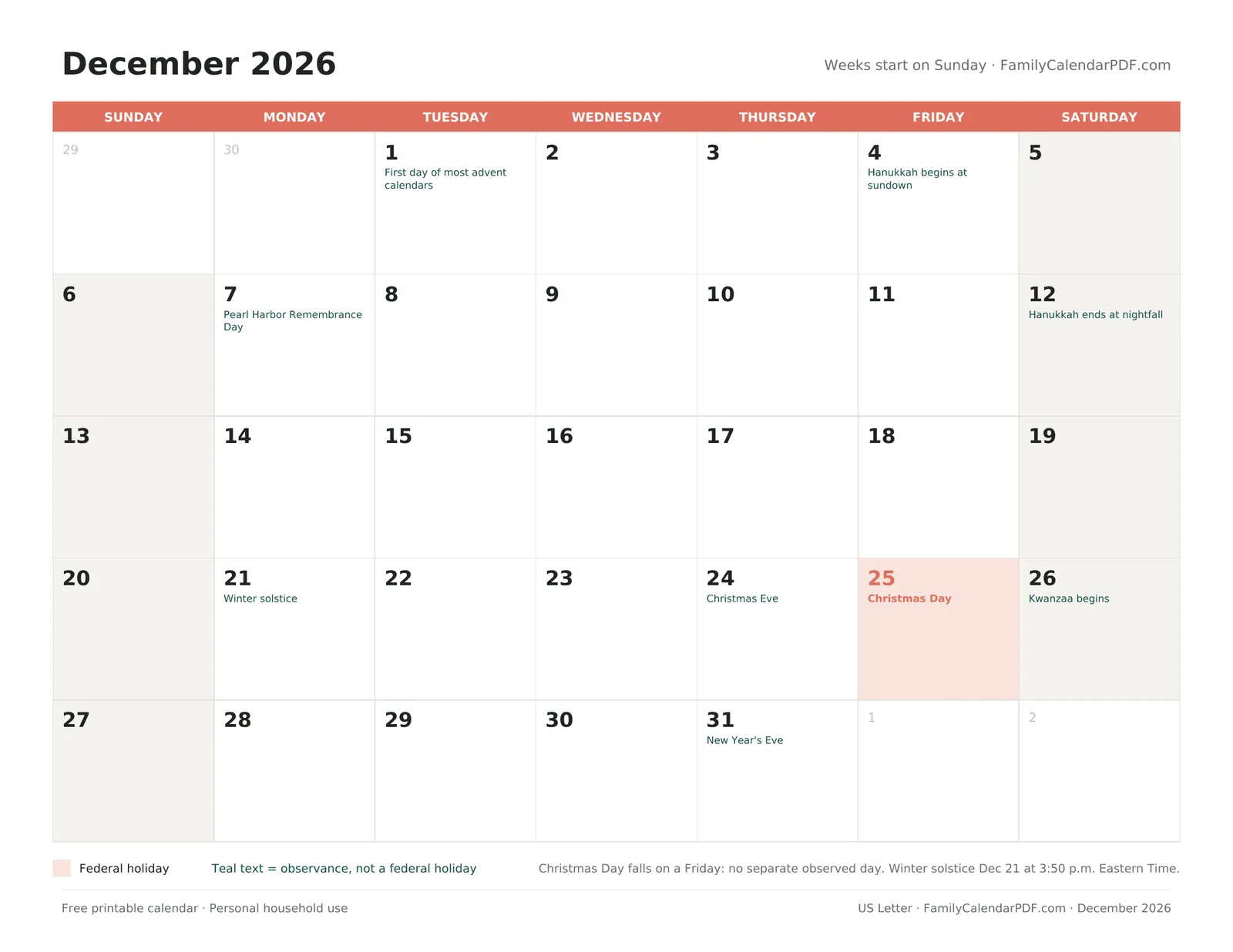 Preview of the printable December 2026 calendar with Christmas Day and other key dates marked