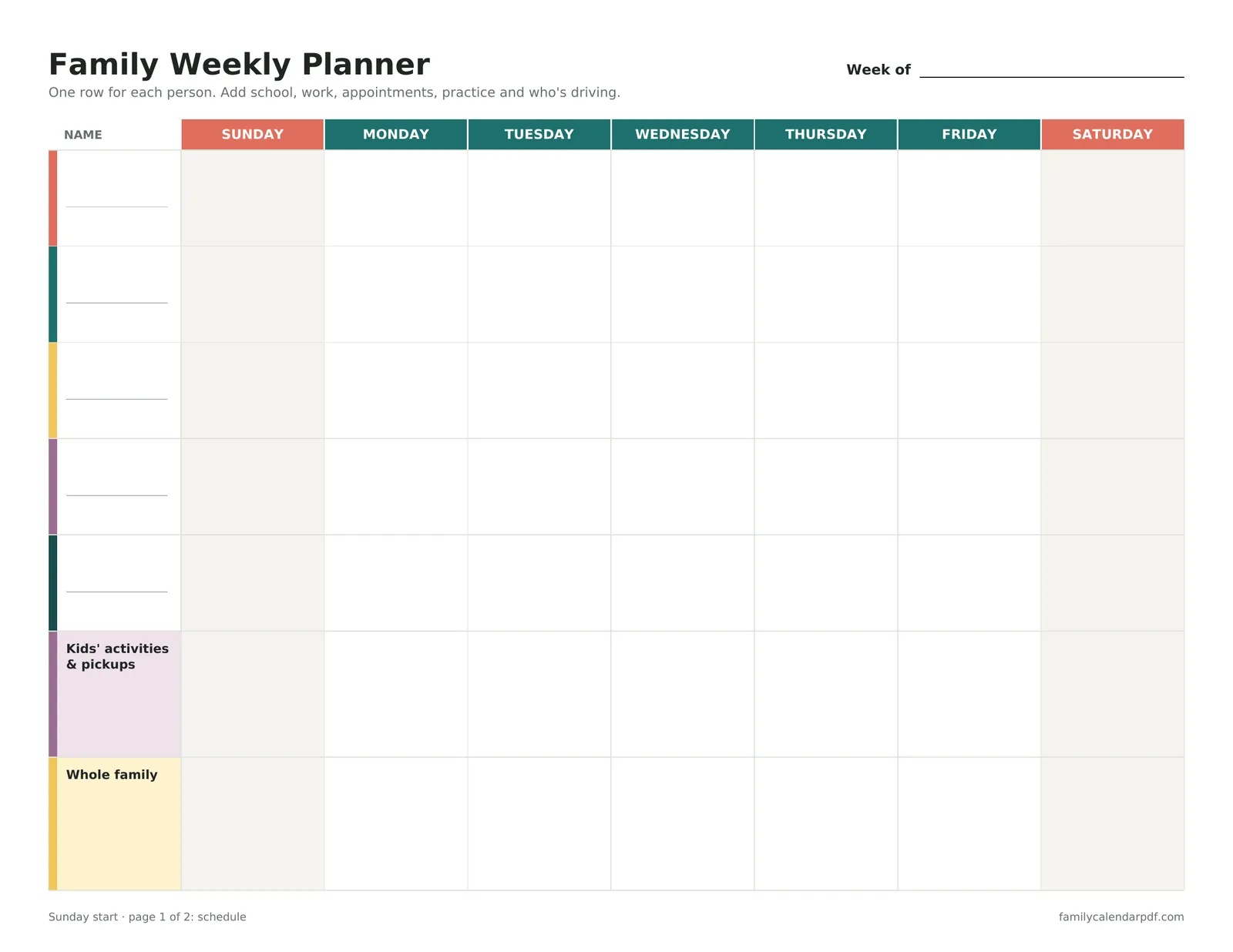 Preview of the family weekly planner with a row for each family member and a row for kids' activities