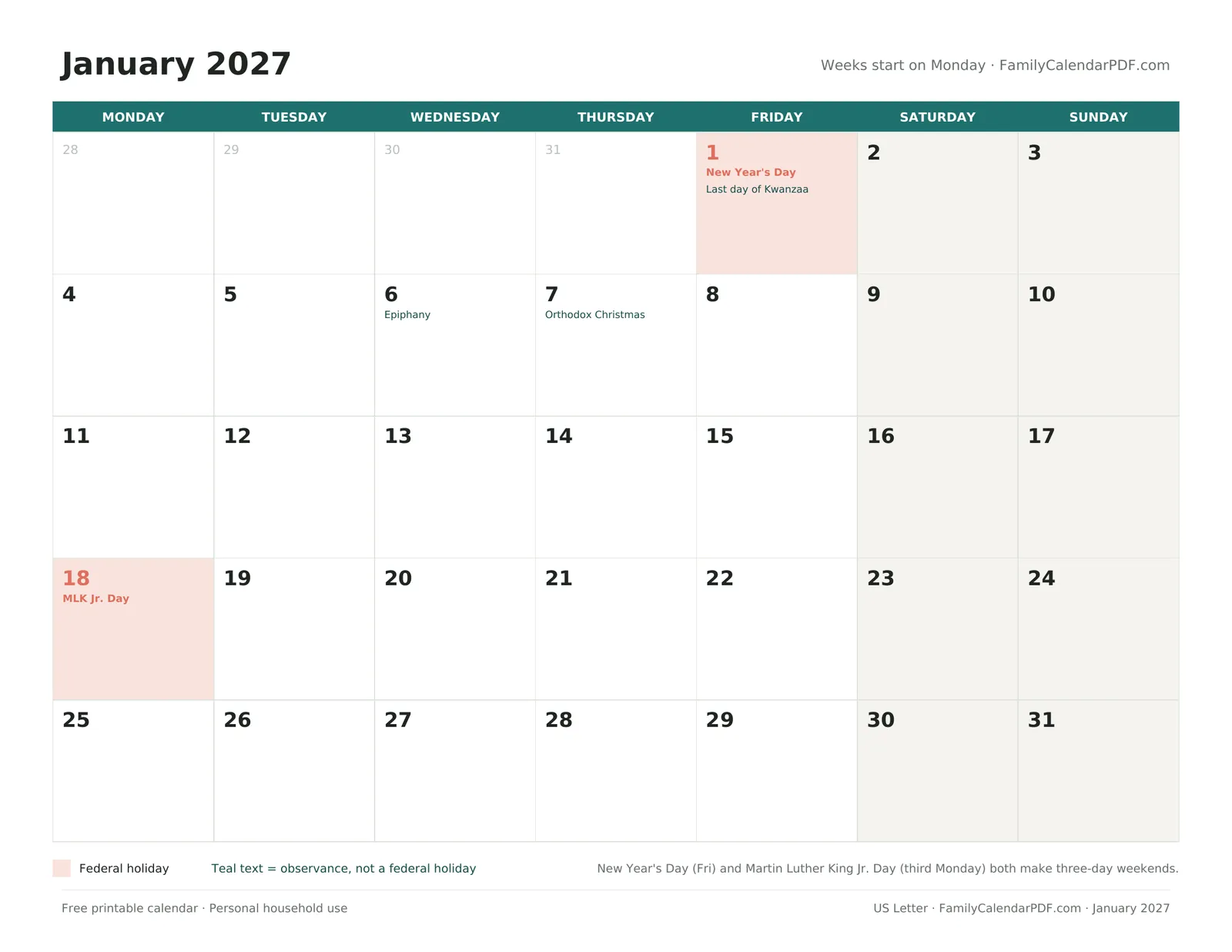 Preview: January 2027 – Monday start