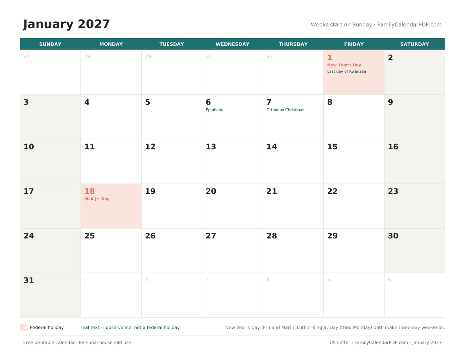 Preview of the printable January 2027 calendar with New Year's Day and Martin Luther King Jr. Day marked
