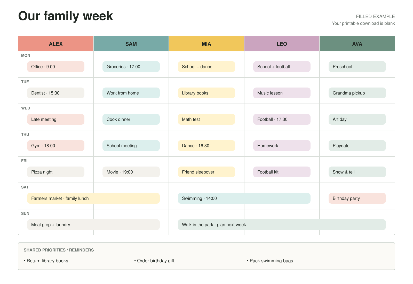 Filled example of the five-column weekly family planner