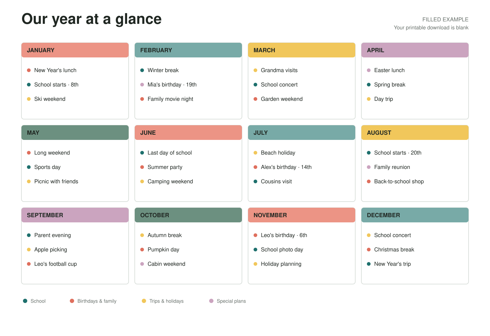 Filled example of the yearly family wall planner